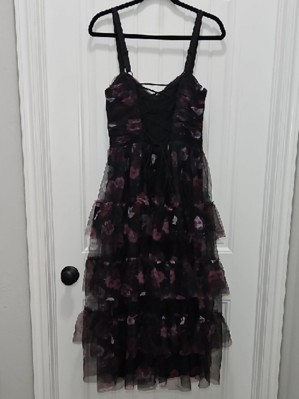 Lulus Sentimental Charisma Black Floral Mesh Tiered Midi Dress New - Picture 7 of 12